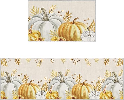 Miniatura 140 de Alfombras y tapetes de cocina Hello Fall, 2 unidades, color azul, naranja, calabaza, hoja de arce, pájaros, alfombras antideslizantes con pasillo