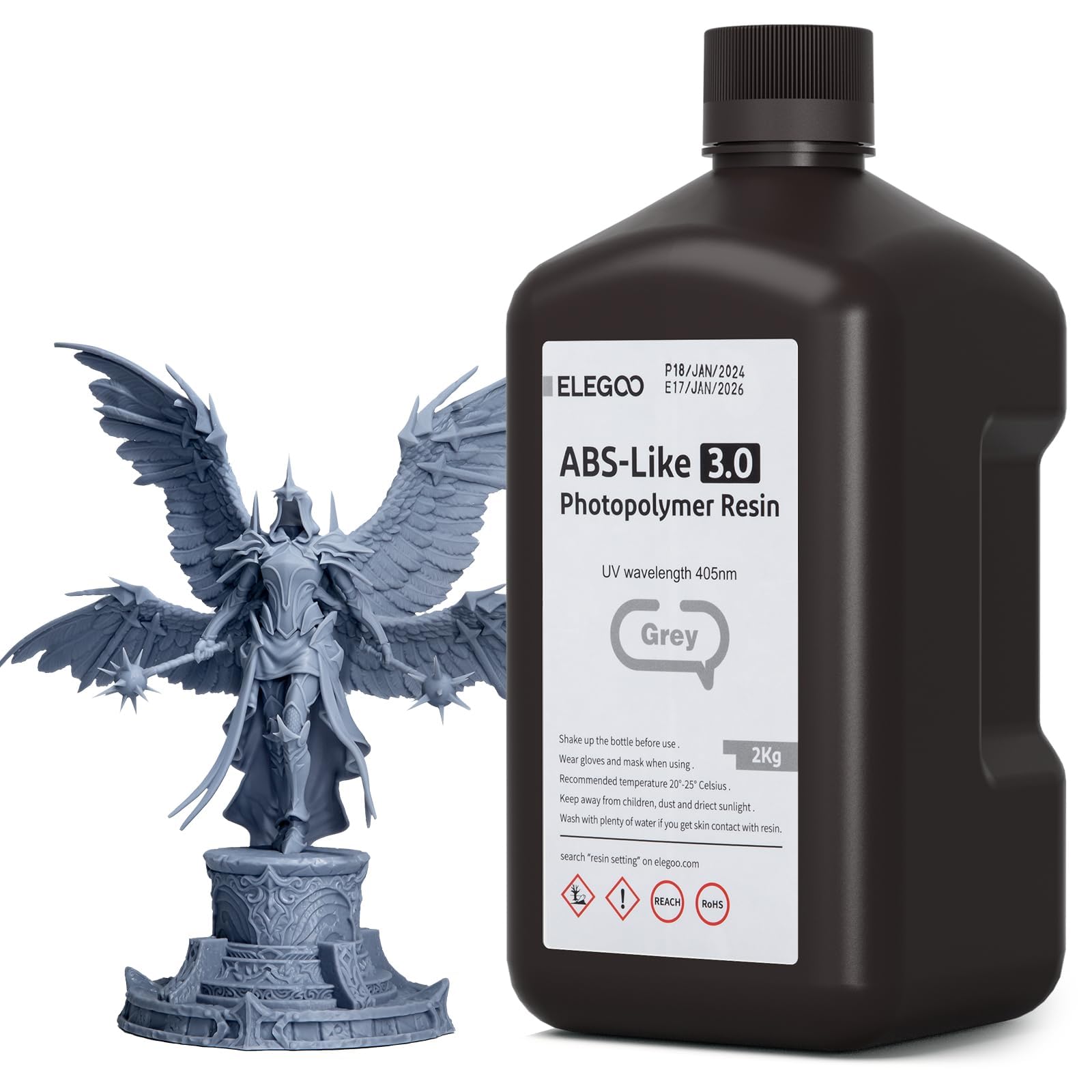 ELEGOO ABS-Like 3.0 Żywica do drukarki 3D, szara, 2000 g, 405 nm, utwardzana promieniowaniem UV, wysoka wytrzymałość na rozciąganie i zginanie, do drukarek 3D MSLA/LCD/DLP