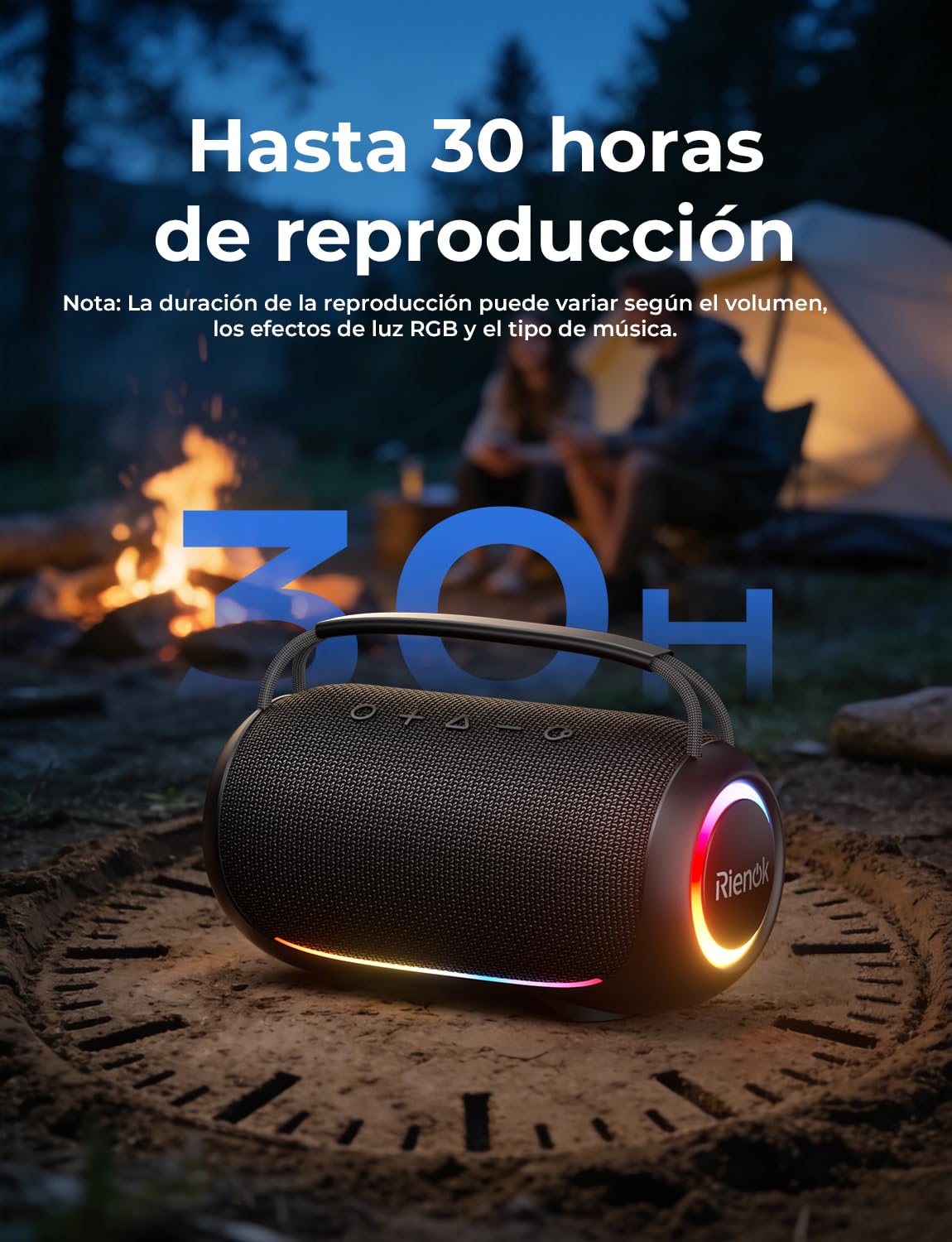 RIENOK Altavoz Bluetooth Potente 80W Portátil 30H Impermeable IPX6 con Luces RGB Bluetooth 5.3 Inalámbrica Emparejamiento Estéreo Apoya 128G Tarjeta TF, AUX, Memoria USB