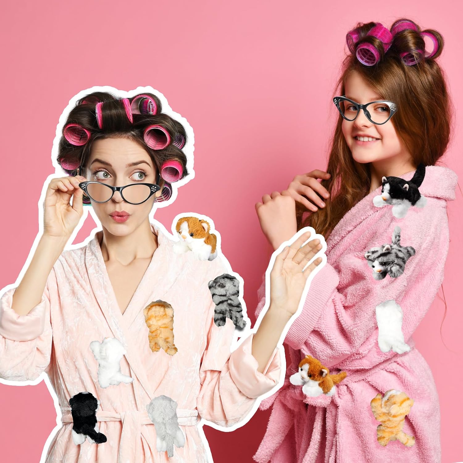 Libima 19 Pcs Halloween Women Costume Accessories Stuffed Cat Kitten Plush Pajamas Set Hair Rollers Curlers and Sunglasses