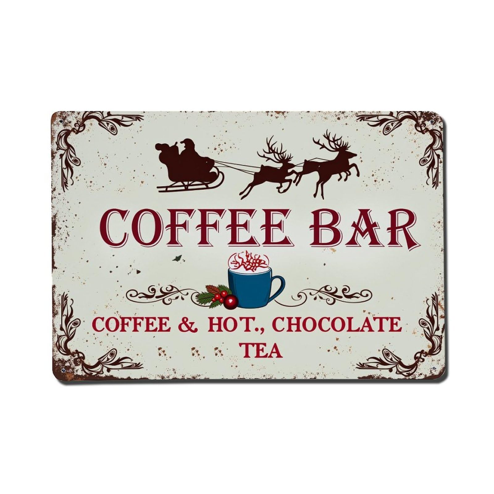 Santa Sleigh Reindeer Coffee Cup Tin Sign Vintage Metal Poster, Home Bar Garage Man Cave Cafe Indoor & Outdoor Wall Decoration 8x12Inches