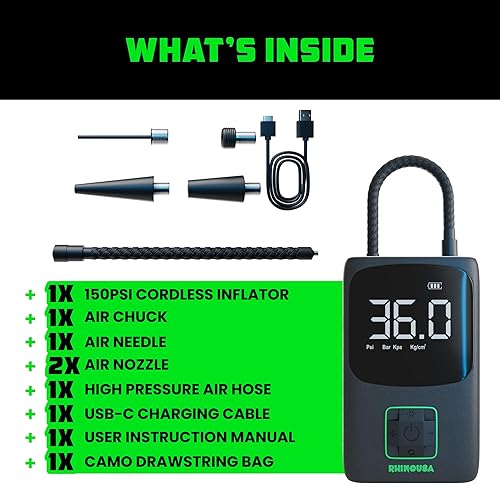 Miniatura 5 de Rhino USA Inflador de neumáticos compresor de aire portátil (150 PSI), bomba de aire mejorada para neumáticos de automóvil con medidor de presión