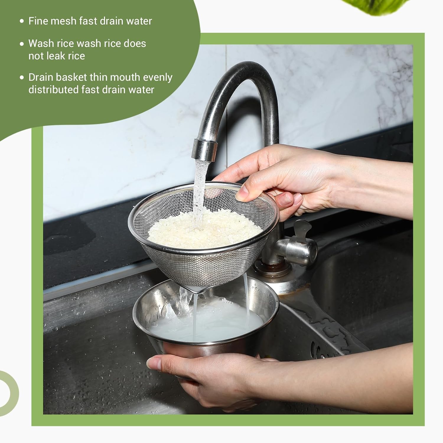 Baderke 2 Pcs Mini Colander & Food Strainer 304 Stainless Steel Small Mixing Colanders Bowl Rice Strainer for Kitchen Cooking Fruit Washing Vegetable(5.51 x 2.36 Inches,Silvery)