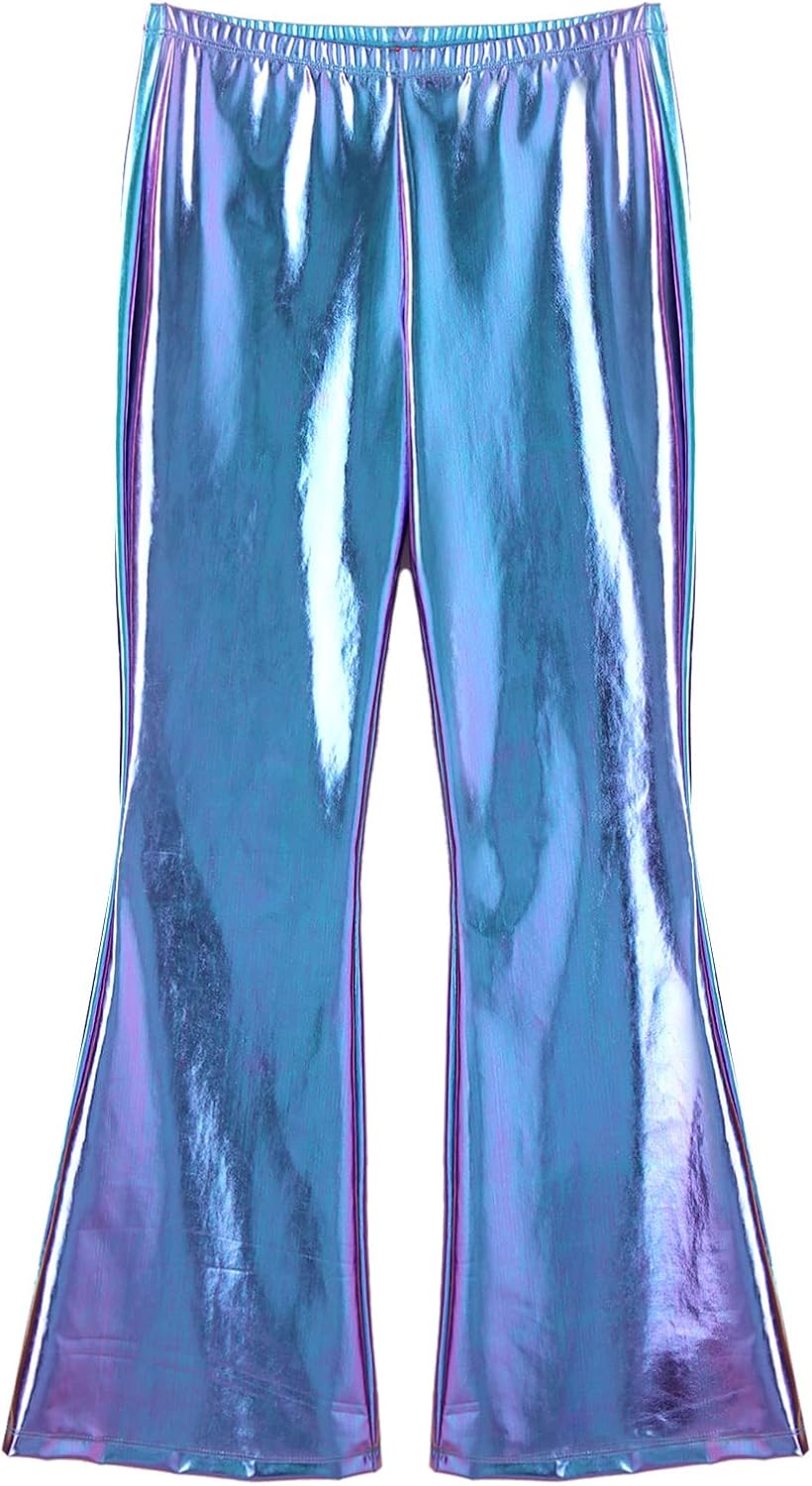 Jhaoyu Men's Adult Shiny Metallic Faux Leather Disco Long Pants 70s Bell Bottoms Flared Leggings Trousers