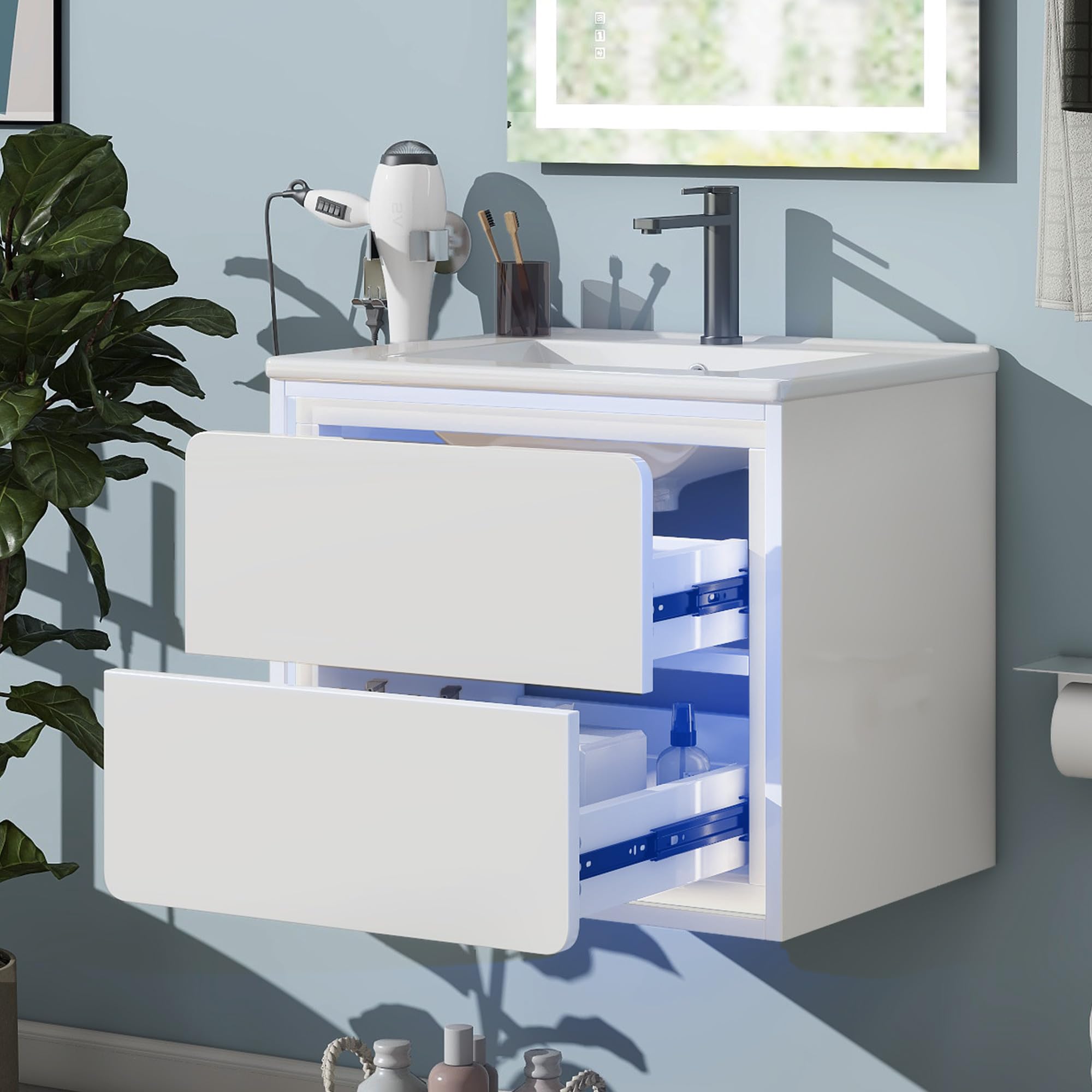 Soweiz Lavabo, lavabo integrato, da appendere alla parete, mobile da bagno, completamente laccato, illuminazione a LED con sensore a rotar, due cassetti, guide scorrevoli, bianco, 60 x 46 x 50 cm