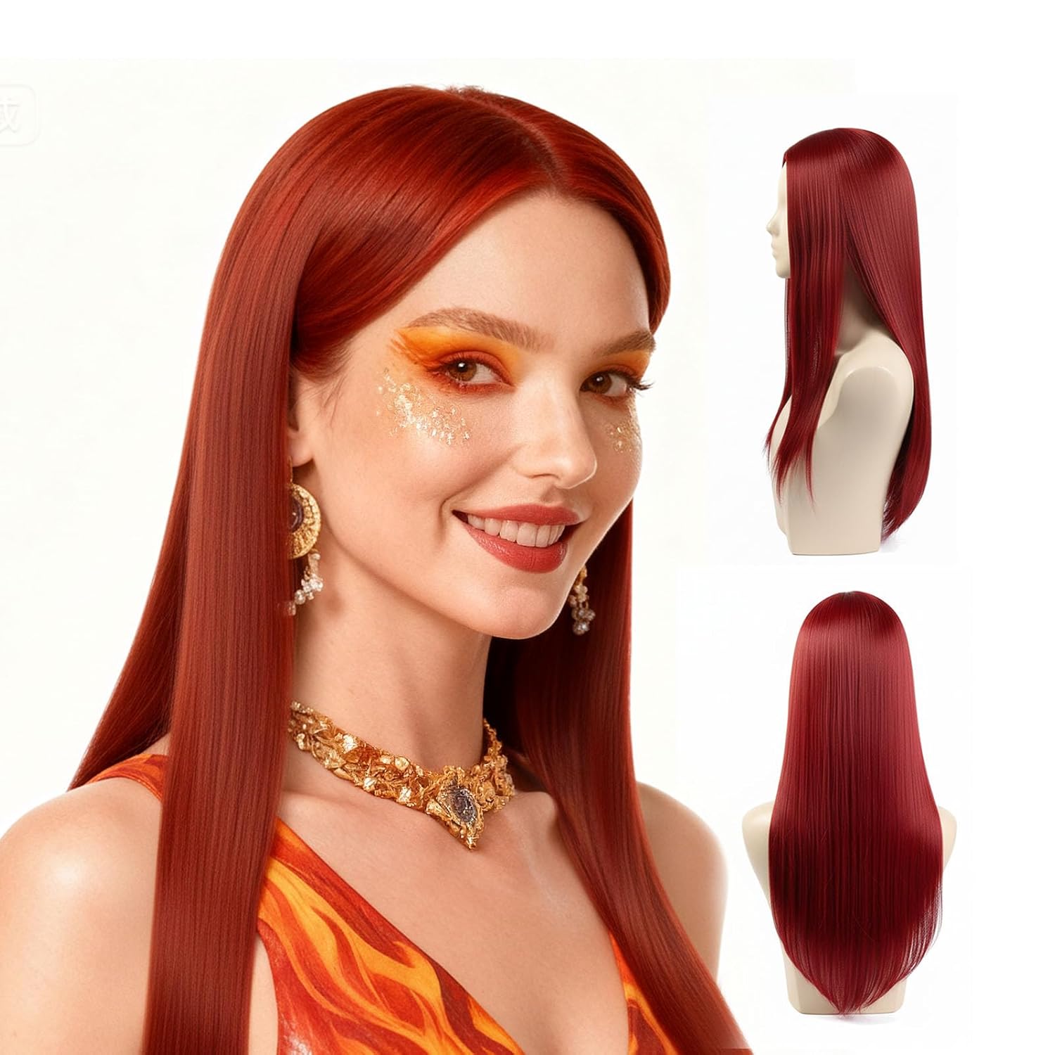 Onedor 30 Inches Long Straight Red Synthetic Hair Women Full Head Cosplay Wig with Wig Cap (T1557 - Red)