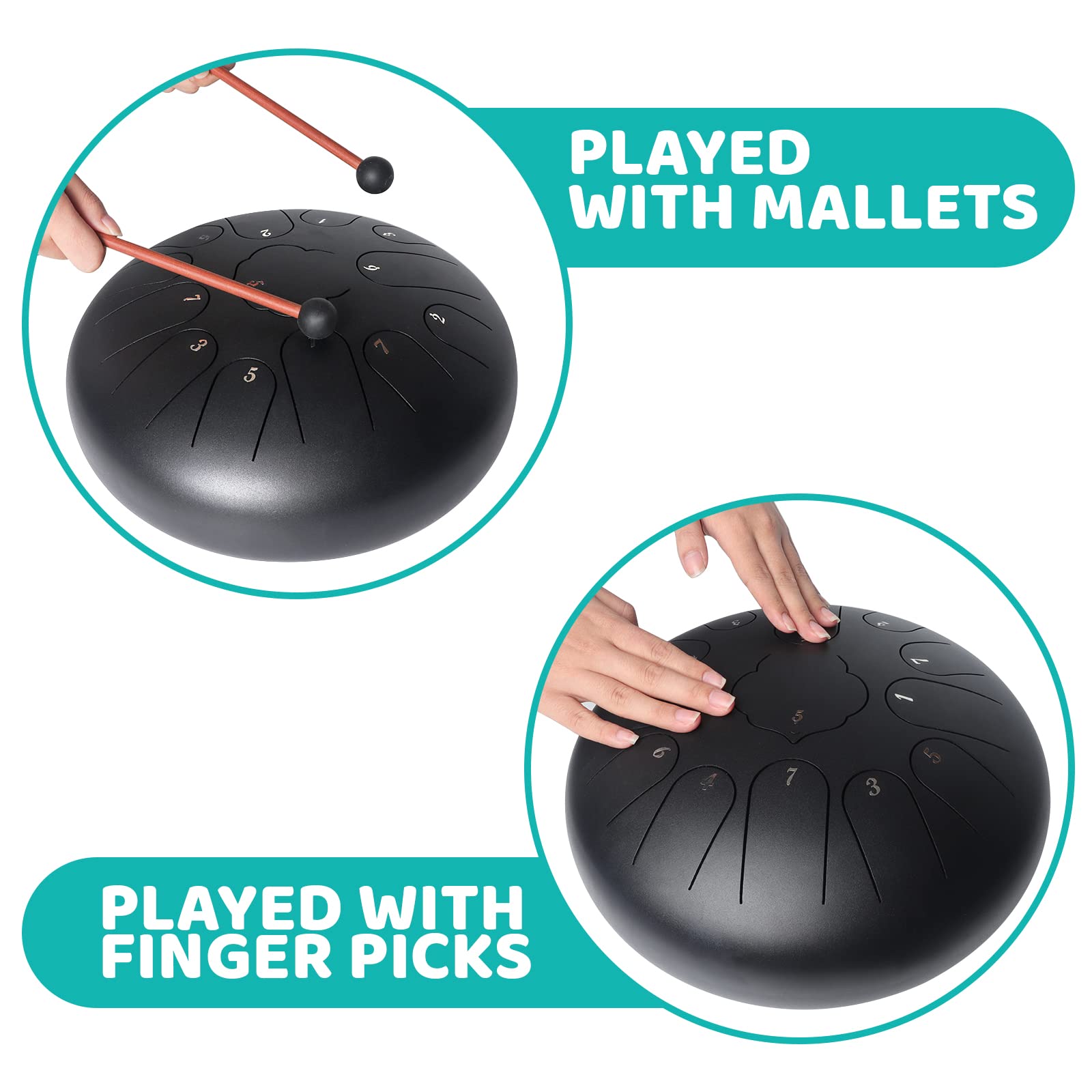 Tambor de Lengua de Acero, 12 Pulgadas 13 Tonos Instrumento De Percusión, con Baquetas, Instrucciones (idioma español no garantizado), Pegatinas, Púas de Dedo y Bolsa de Transporte Negro