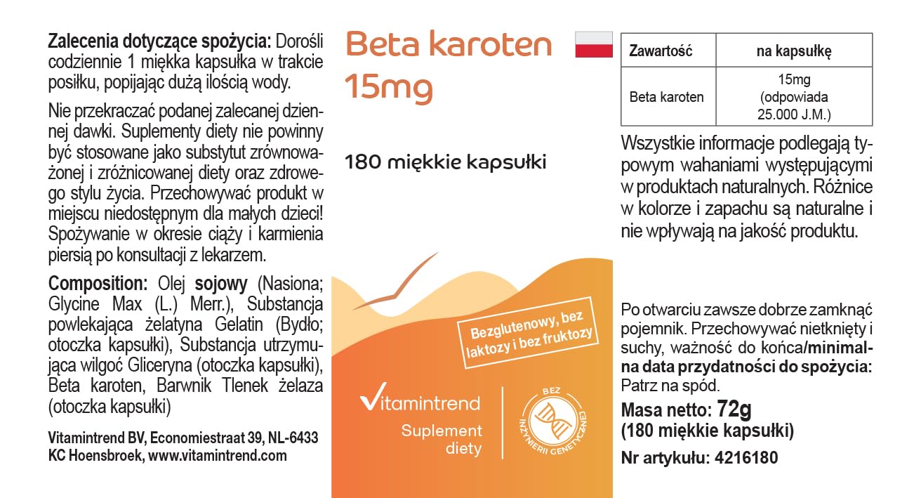 Vitamintrend Beta-karoten 15mg, 180 kapsułek po 15mg (odpowiada 25 000 j.m.), wysoka dawka, bez stearynianu magnezu, wyprodukowane w Niemczech.