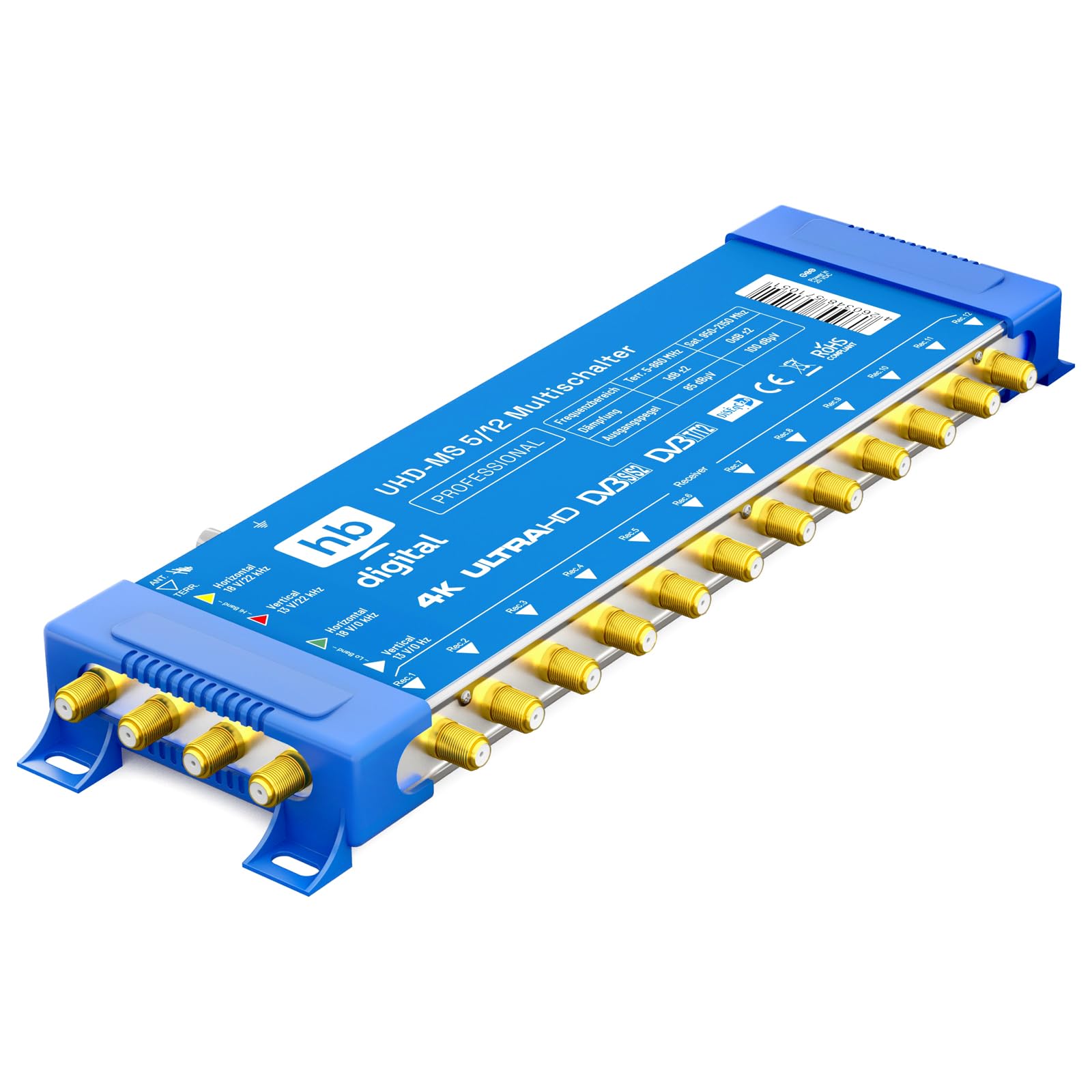 hb-digital Commutatore 5/12 con alimentatore esterno per 12 partecipanti e 1 satellite – adatto solo per Quattro LNB UHD 4K Full HD DVB-S/S2 – ingresso terrestre – connettori F dorati