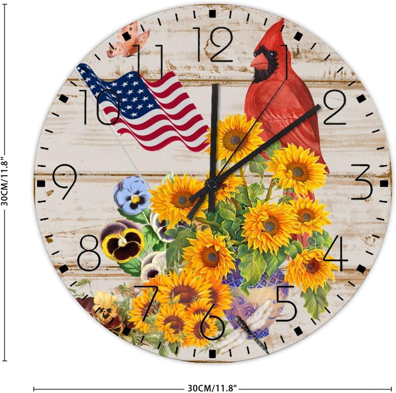 Wood Hanging Wall Clock Analog Round Non-Ticking 4th of July Patriotic Sunflower Cardinal Country Wall Clocks American Flag Autumn Summer Home Decoration for Entryway Home Daycare 12 Inch
