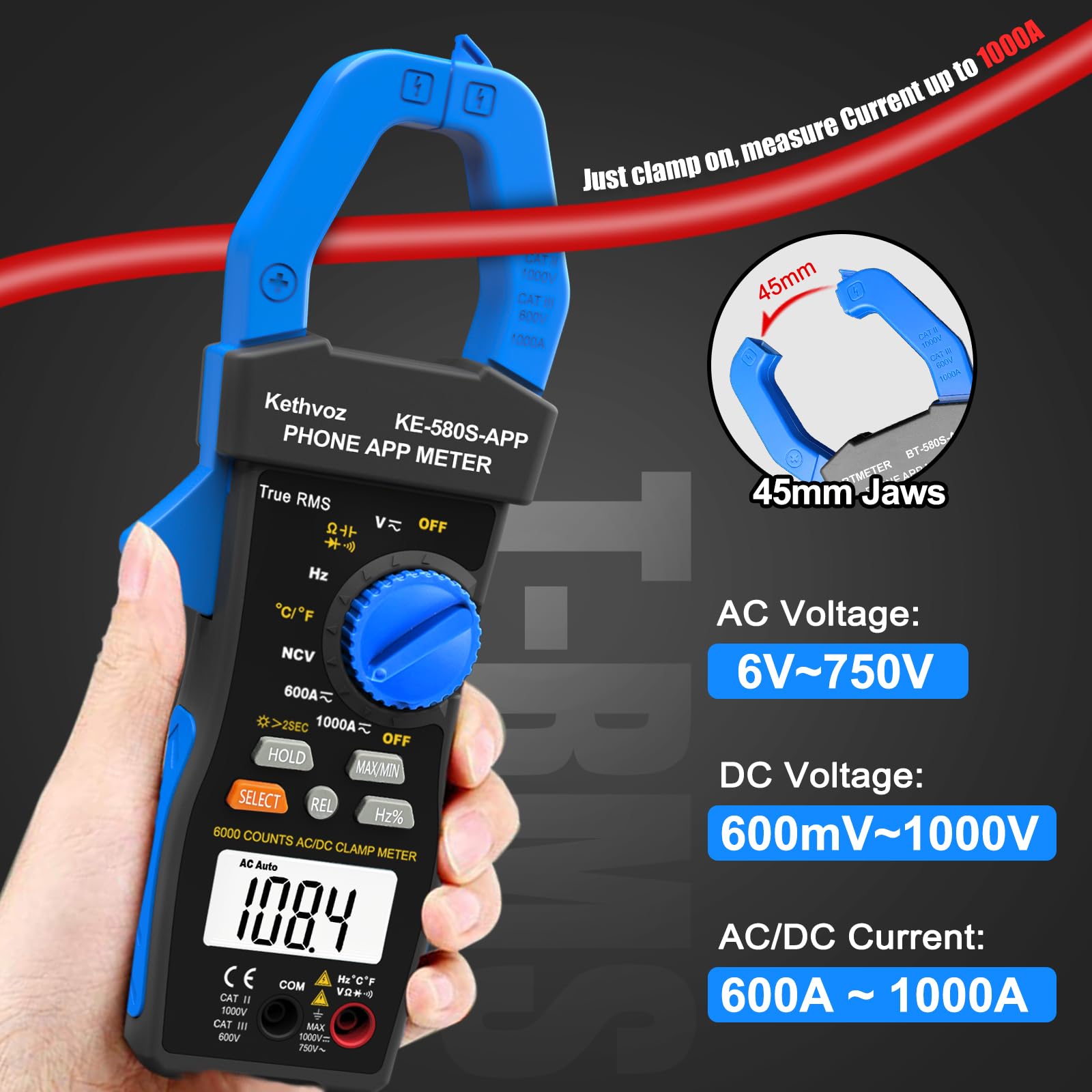Bluetooth Pinza Amperometrica 1000A CC/AC, Kethvoz Multimetro Professionale Misura AC/DC Elettrica Corrente Tensione Resistenza Capacità, 6000 Conteggi Auto-range Voltmetro Digitale KE-580SAPP