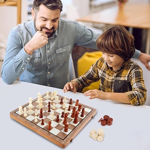 Miniatura 8 de MerryPony Juego de ajedrez y damas 2 en 1, juego de ajedrez de madera plegable de 15 pulgadas para adultos y niños, tablero de ajedrez con 2 reinas