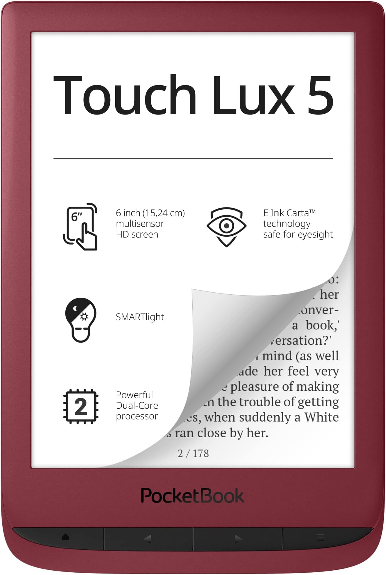 Pocketbook Touch Lux 5 | E-Book Reader | Glare-Free & Eye-Friendly E-Ink Technology | 6ʺ Touchscreen with HD Resolution | Wi-Fi | Adjustable SMARTlight | Micro-SD Slot | E-Reader in Ruby Red