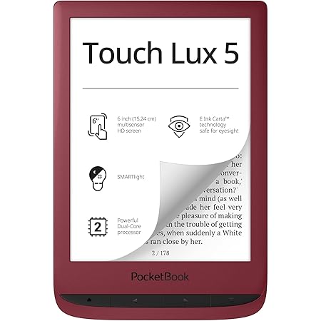 PocketBook Touch Lux 5 ルビーレッド 電子書籍リーダー 6インチ グレアフリー 目に優しいEインク タッチスクリーン Wi-Fi HD解像度 調節可能 スマートライト マイクロSDスロット