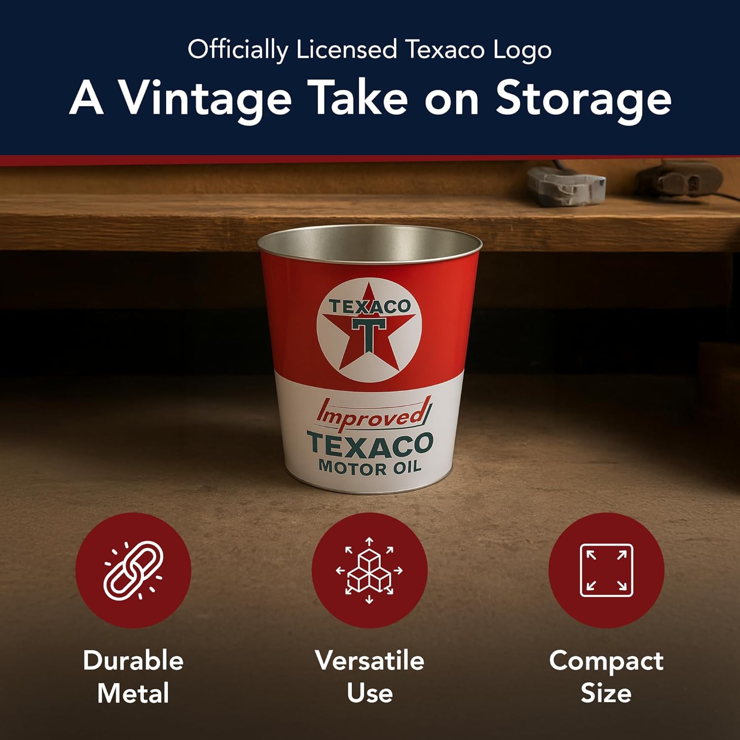 American Art Decor Metal Trash Bin - Licensed Texaco Waste Basket - Small Decorative Garbage Can for Man Cave, Kitchen, Garage, Home Office, Bar & More (11.25" x 10.5" x 10.5")