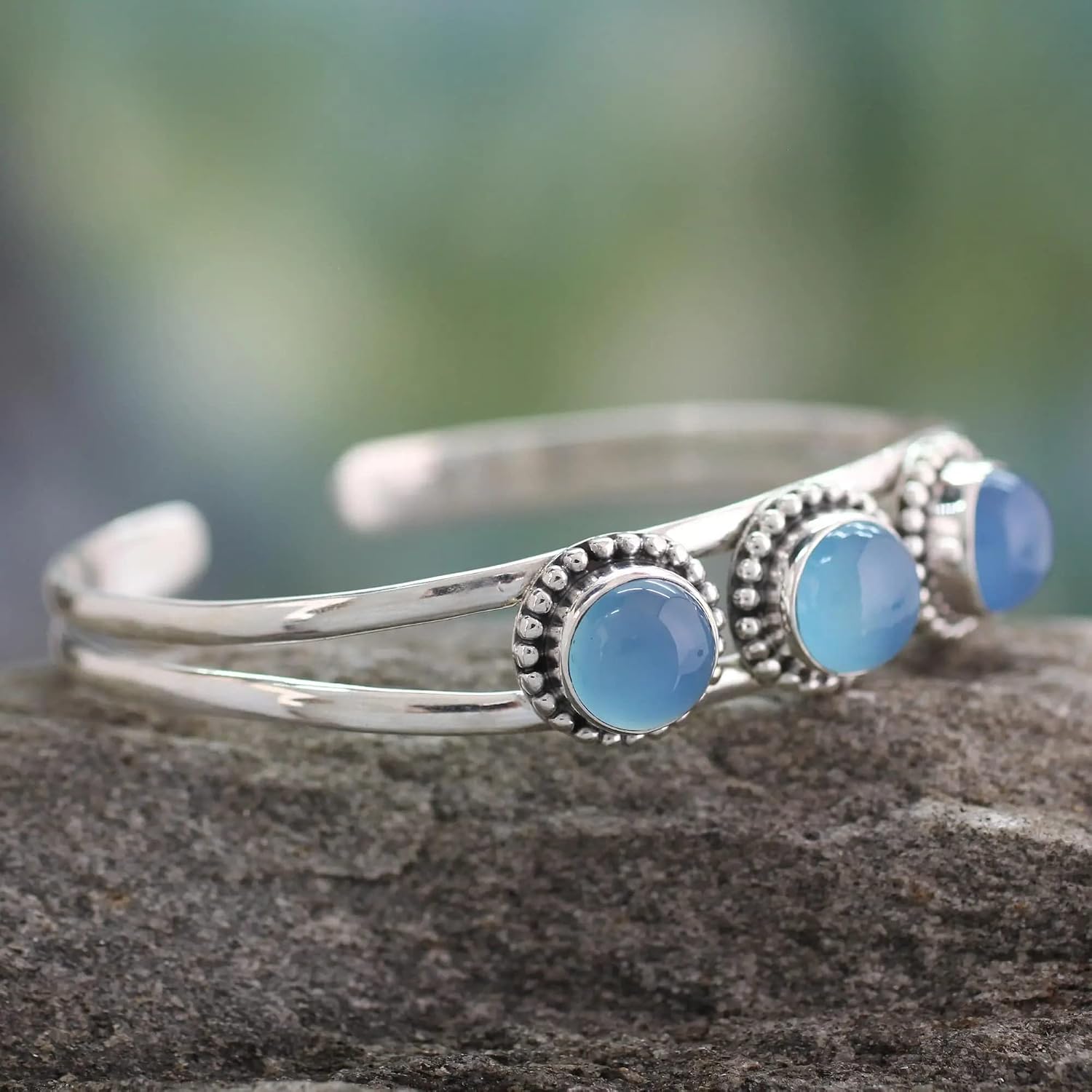 Blue Chalcedony bangle, cuff bangle, 925 sterling silver bangle, Gift For Her/Him, Charm Bangle, Tennis Bracelet, boho style, Unique Jewelry, round stone jewelry