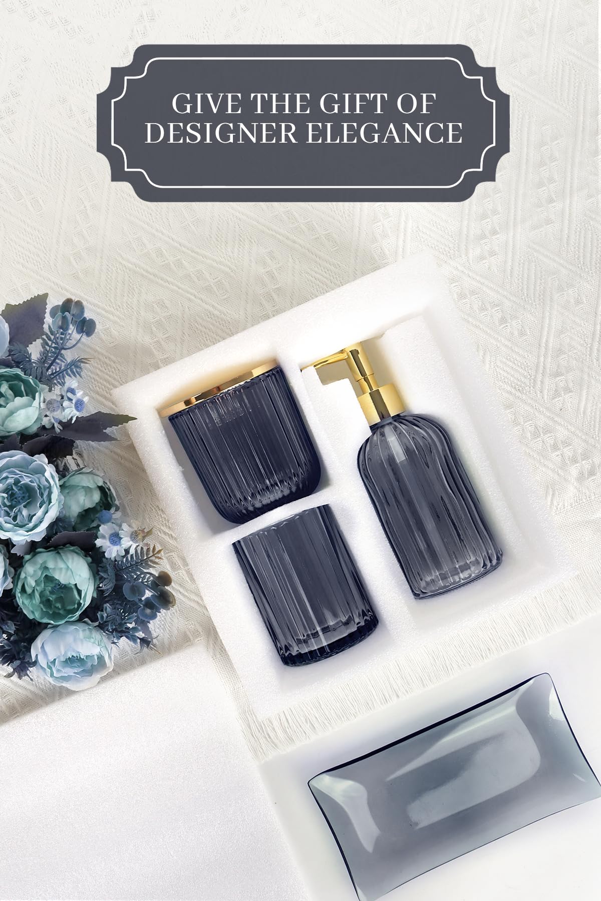 Kukikan Juego completo de accesorios de baño de vidrio azul – Juego completo de 4 piezas de tocador de vidrio con dispensador de jabón de loción, soporte para cepillo de dientes, bandeja de tocador y