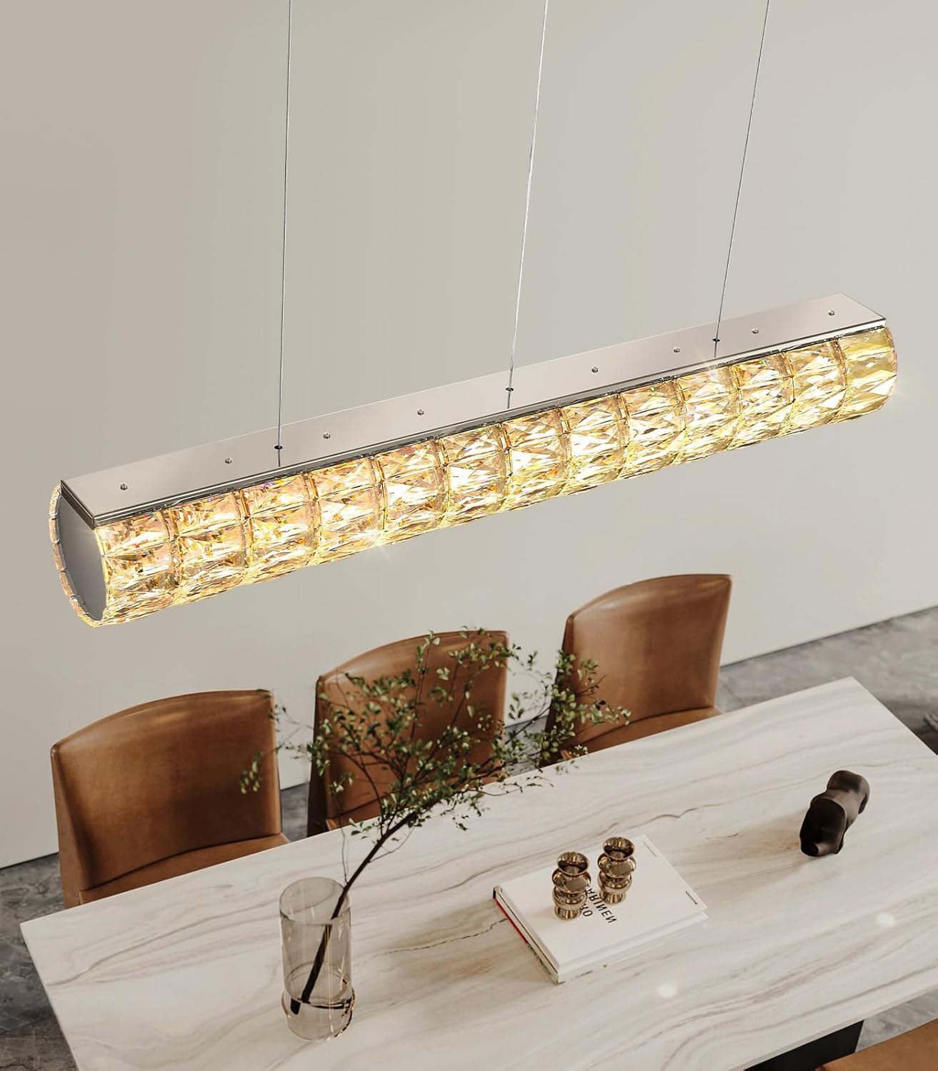 L40 Modern Dimmable Crystal Chandelier Rectangular Pendant Lighting LED Hanging Light Fixture for Kitchen Island Dining Room Living Room Silver