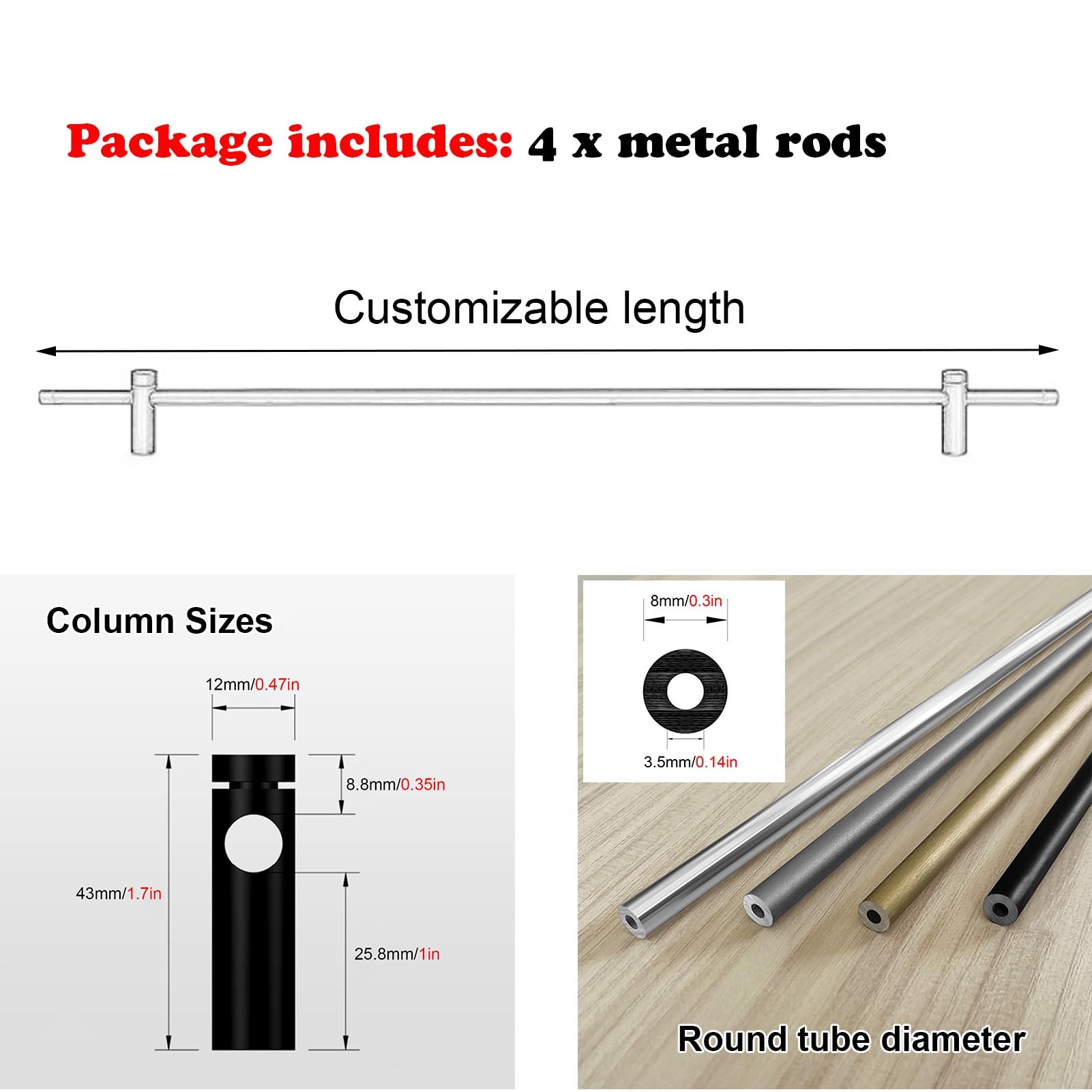 Metall-Regalgeländer, 4er-Pack, 35,5 cm hohes Aluminium-Geländer in Gold/Silber, dekorative Stange für Schuhregal, Bücherregal, Küchenschränke und Kleiderschränke, verhindert das Herunterfal