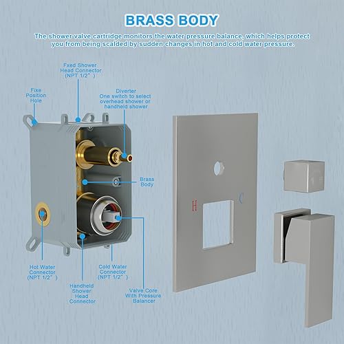 Miniatura 6 de Lordear Sistema de ducha de lluvia de 10 pulgadas, juego de grifo de ducha montado en la pared, altura ajustable, cabezal de ducha de acero