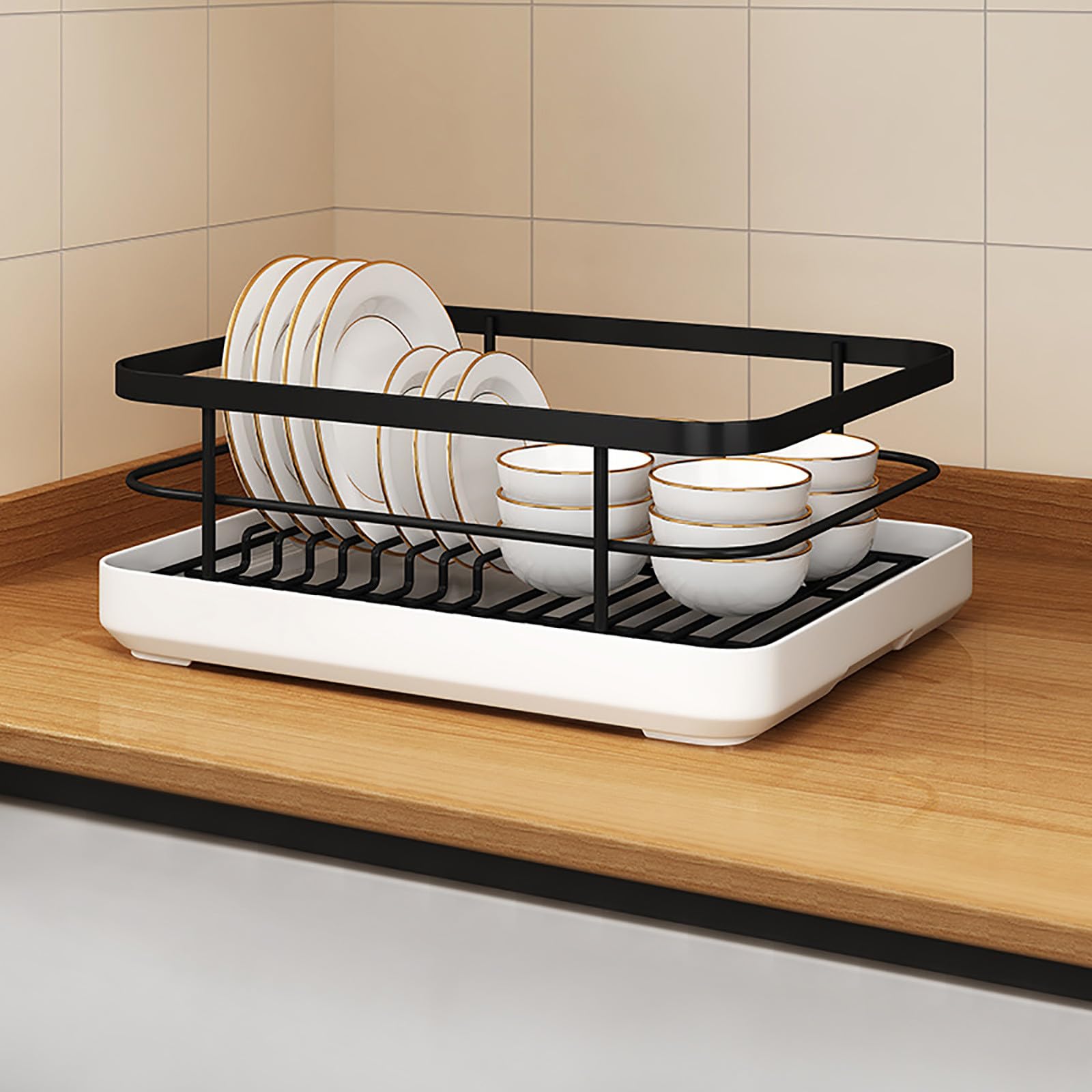 Abtropfgestell mit großem Fassungsvermögen, für Küchentheke, schwarzer Geschirrtrockner mit Besteckhalter, 40,6 x 30,5 cm, Schüssel, platzsparendes Design, Küchenaufbewahrungslösung