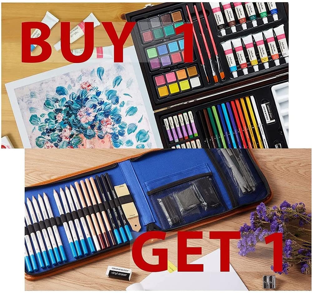 COLOUR BLOCK 73pc Deluxe Wooden Art Set I Color Pencil, Acrylic Paints, Watercolor Cakes, Oil Pastel, Paint Brush, Palettes I Portable Art Supplies for Kids, Teens, Adults, Beginner to Artist