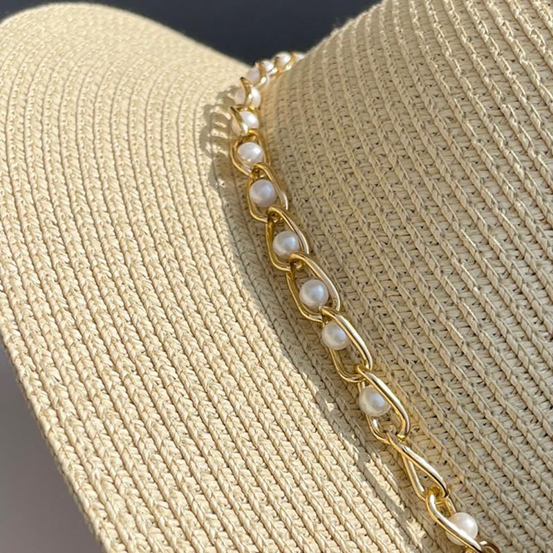 Cappello da Paglia Intrecciata per Donna,Cappelli da Sole Traspirante in Paglia Intrecciata a Tesa Larga con Decorazione di Perle,Cappello da Spiaggia Traspirante per Attività All'Aperto,Viaggi,Vaca