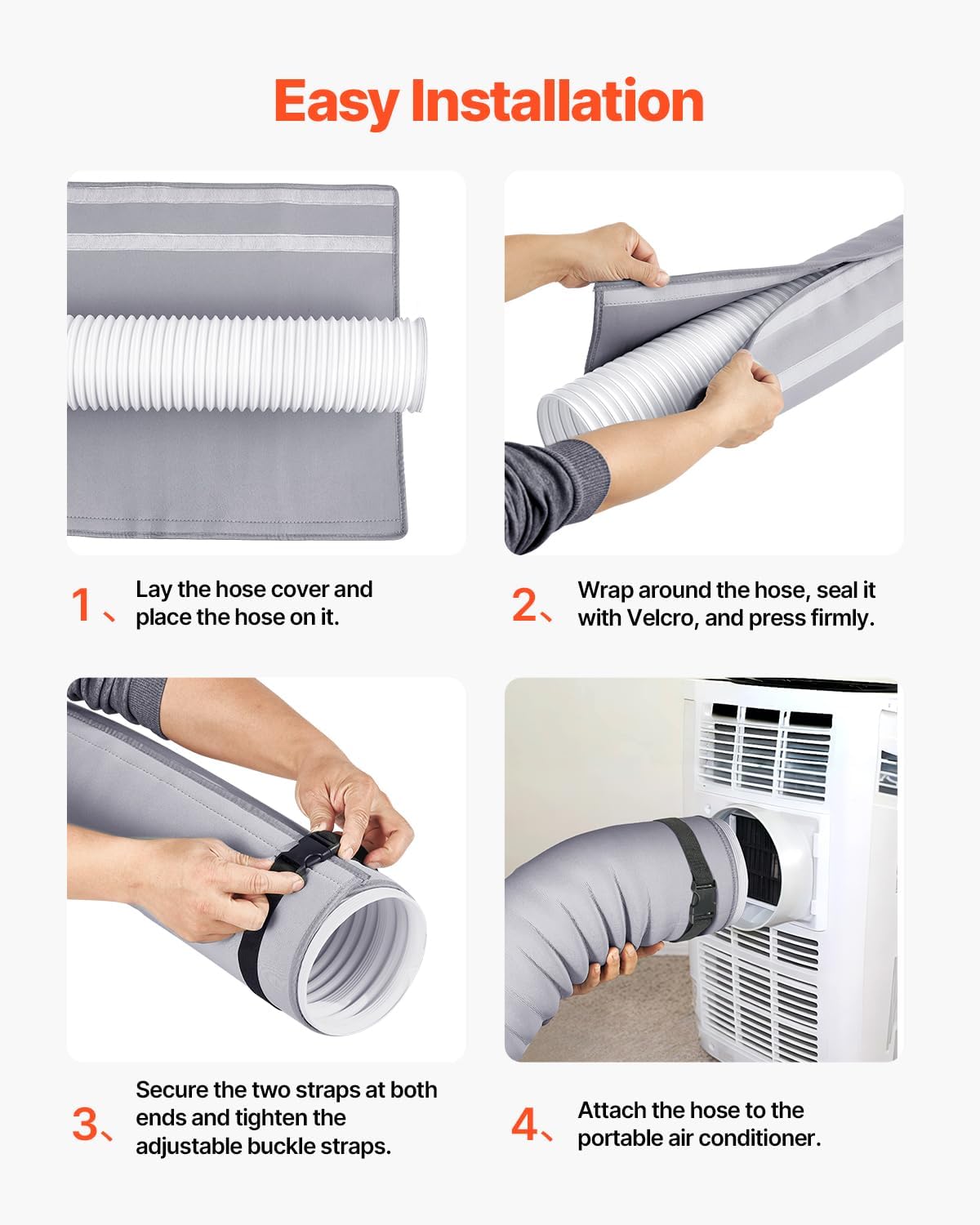 VEVOR Air Conditioner Hose Cover Wrap, Portable AC Hose Duct Vent Cover Sleeve, Insulation Sleeve for 5 & 5.9" Diameter Exhaust Hoses Tube, Easy Installation with 2 Adjustable Buckle Straps, Gray