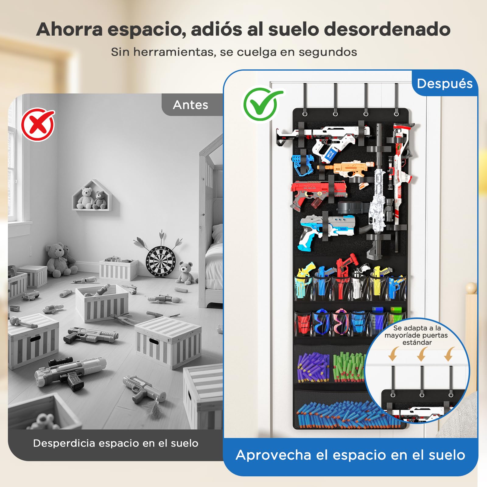 Organizador de puerta para pistolas de juguete, con bolsillos y correas velcro ajustables, para blasters de espuma, dardos, gafas – ahorrador espacio para habitación infantil y sala de juegos