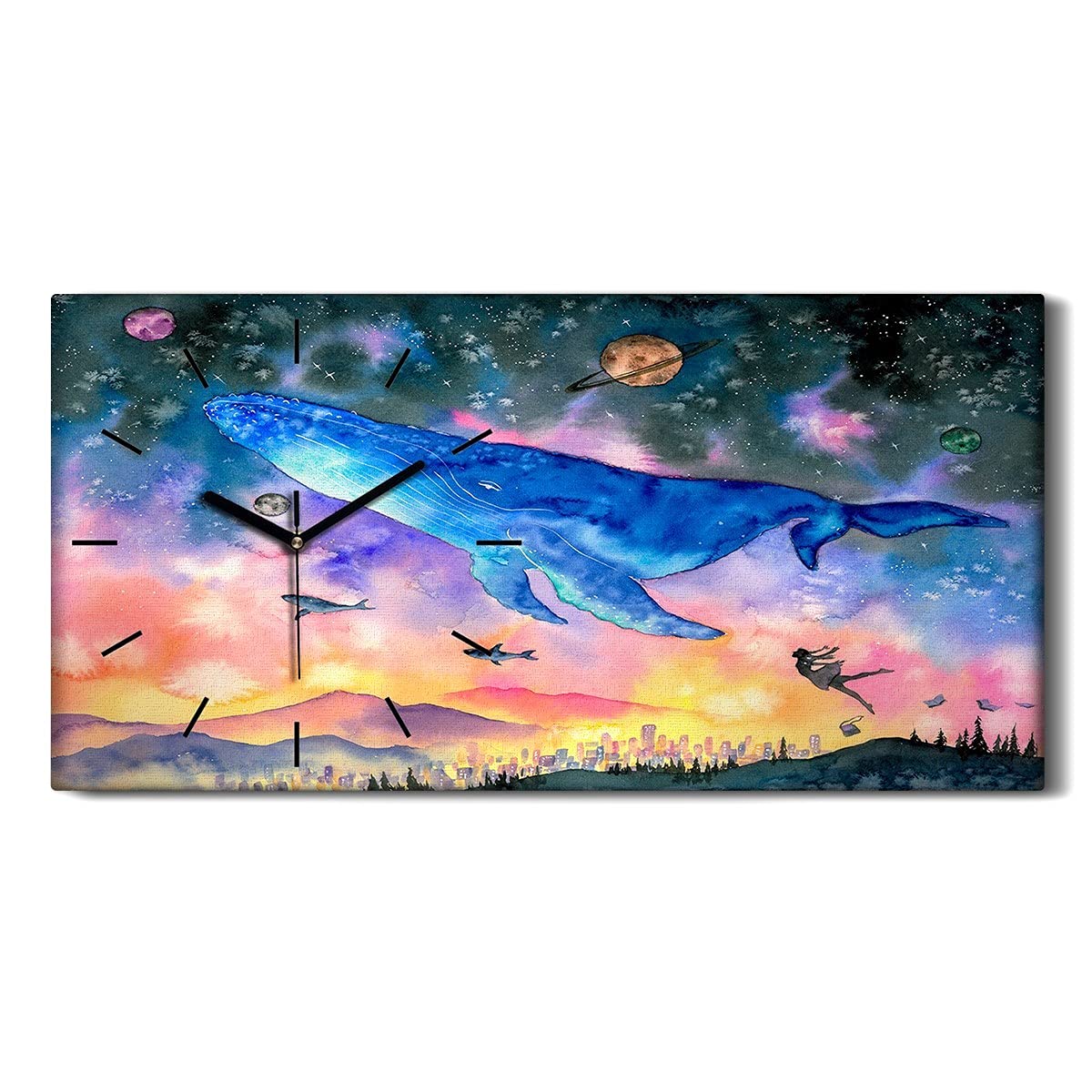 Horloge sur Toile 60x30cm City Whales Planet Tableau Mural Silencieux Abstrait