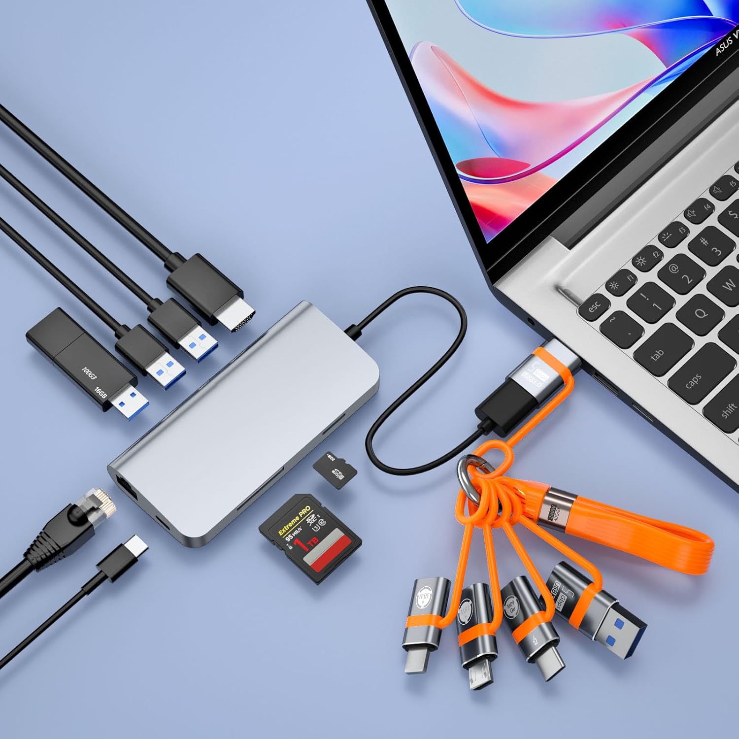 USB A to USB C 3.0 OTG Adapter, USB C to Micro Converter, IP to Type-C Converter, and Type-C to USB A OTG 3.0 Adapter (6 Pieces), Supporting Fast Charging and Data Transfer，Orange
