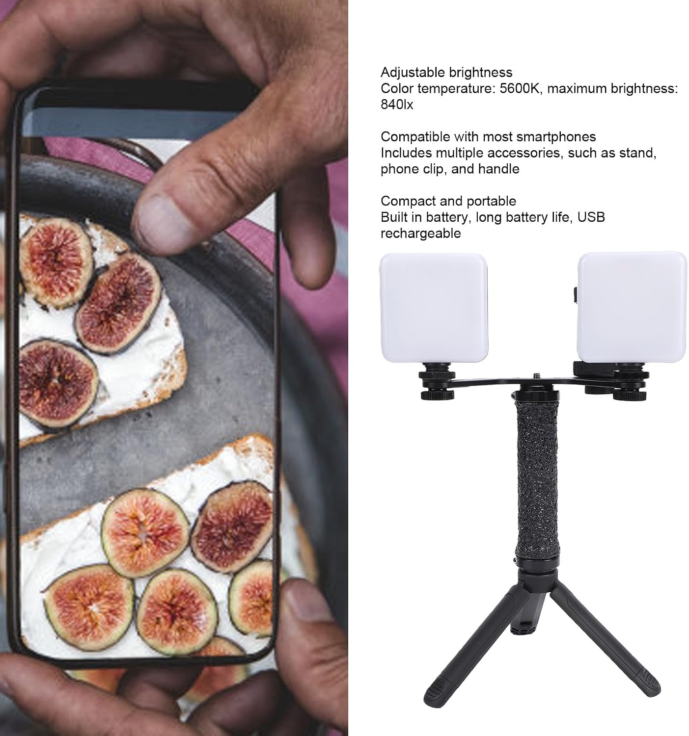 Yunseity 2PCS Video Light, 5600K Dimmable Photography Lighting with Stand and Phone, for Vlogging Recording Selfie Short Video Creation
