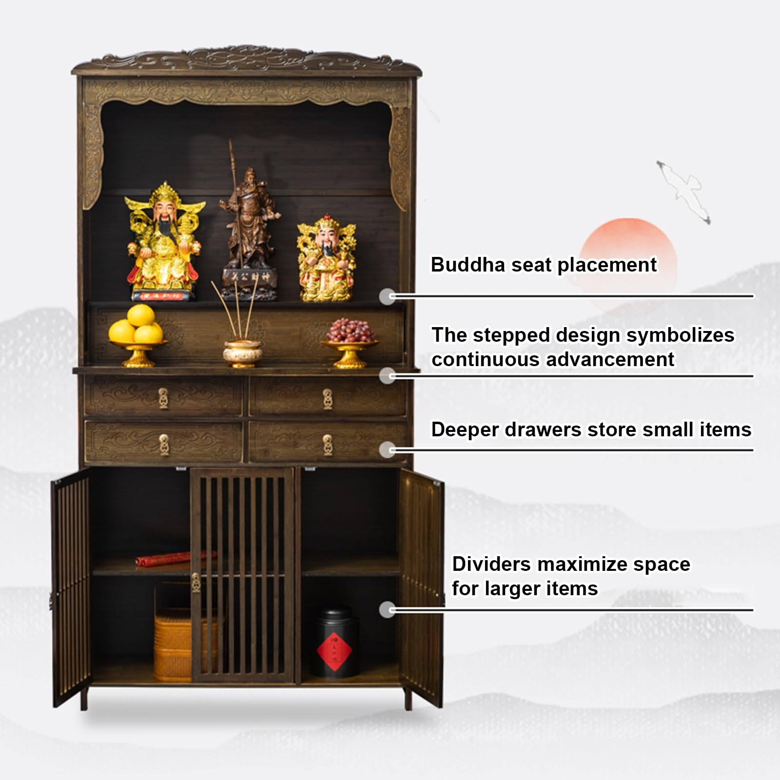Mesa Auxiliar China con Pedestal, Ideal para ofrendas, meditación y con Espacio de Almacenamiento, Sala de Estar o Estudio (40 x 36 x 186 cm).