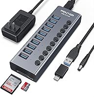 Wenter 10-Port Powered USB 3.0 Hub with SD/TF Readers, Individual Switches, Aluminum Build & 36W Adapter for MacBook, PC, Laptops