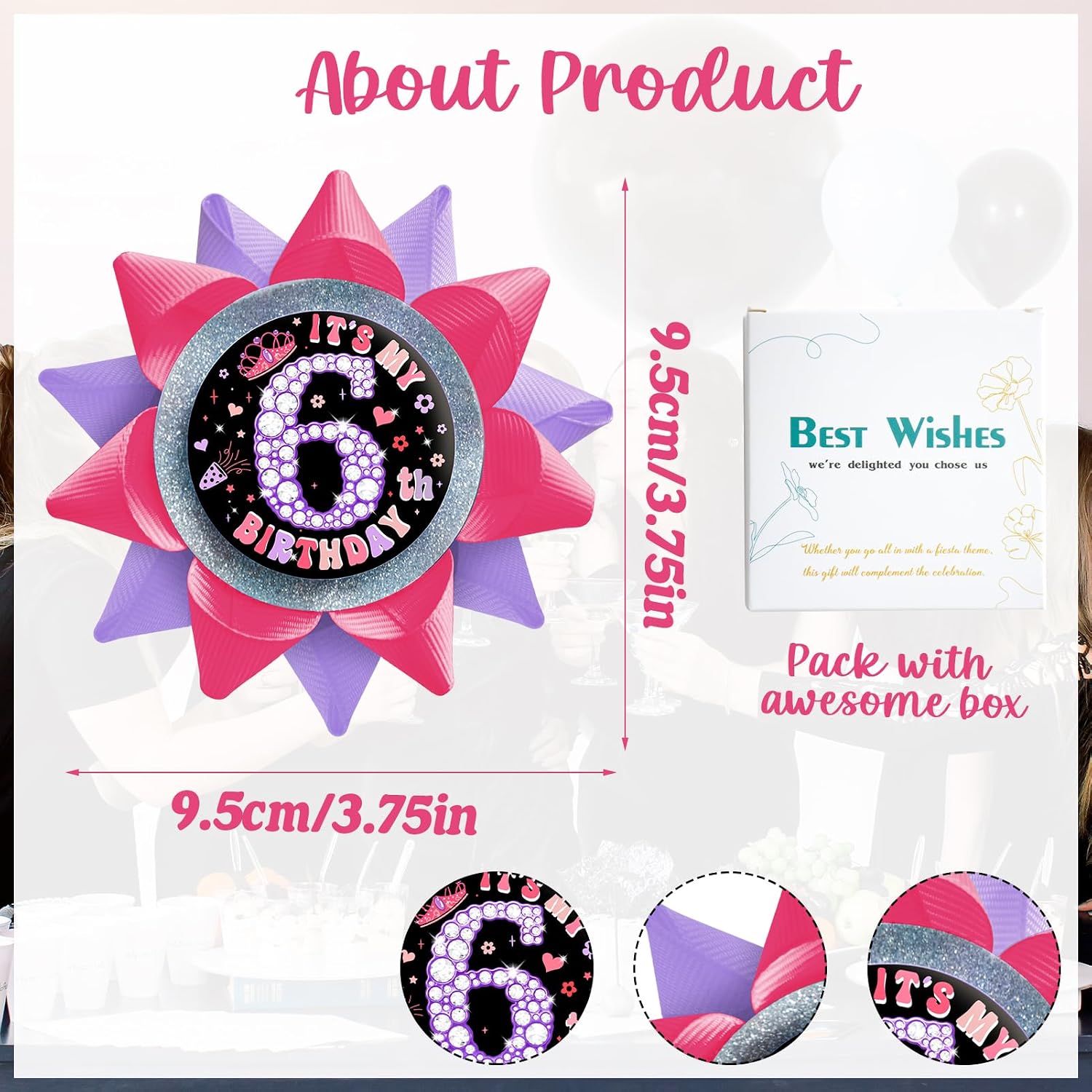 Handmade It's My 6th Birthday Button, 6th Birthday Button Pins for Girls, Hot Pink and Purple Grosgrain Ribbon Pins for 6 Year Old Girl Birthday Party Decorations Supplies Gifts Ideas
