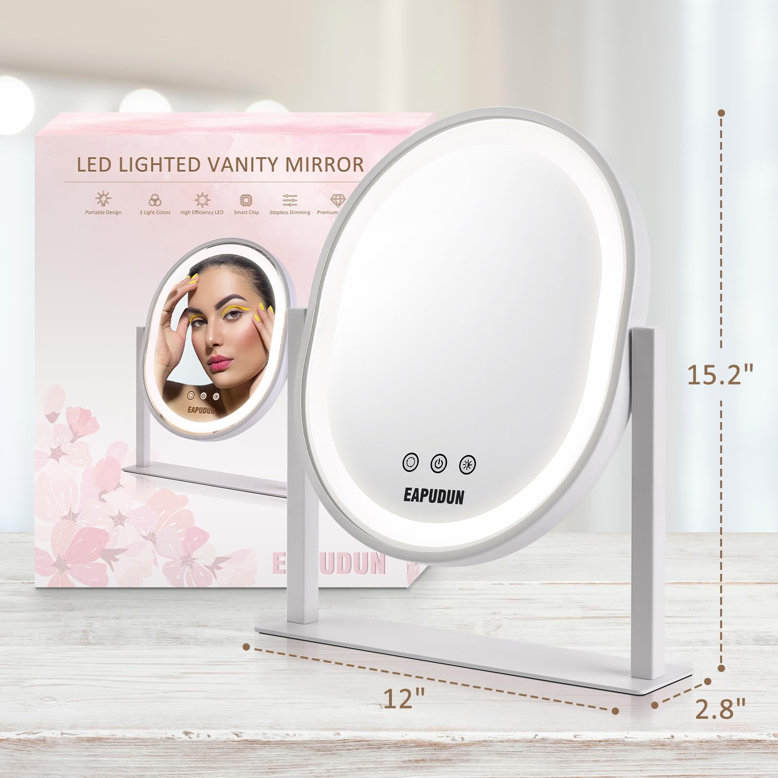 EAPUDUN Oval Vanity Mirror with Lights 3 Colors Modes Hollywood Lighted Makeup Mirror with Smart Touch Control Brightness Adjustable & 360Â°Rotation