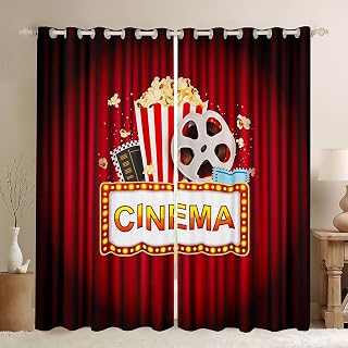 jejeloiu Cinema Pattern Curtains for Bedroom Living Room Kids Movie Theater Blackout Curtains (2 Panels, 38 x 45 Inch) Popcorn Darkening Drapes Decor Moive Theme Red Window Treatments