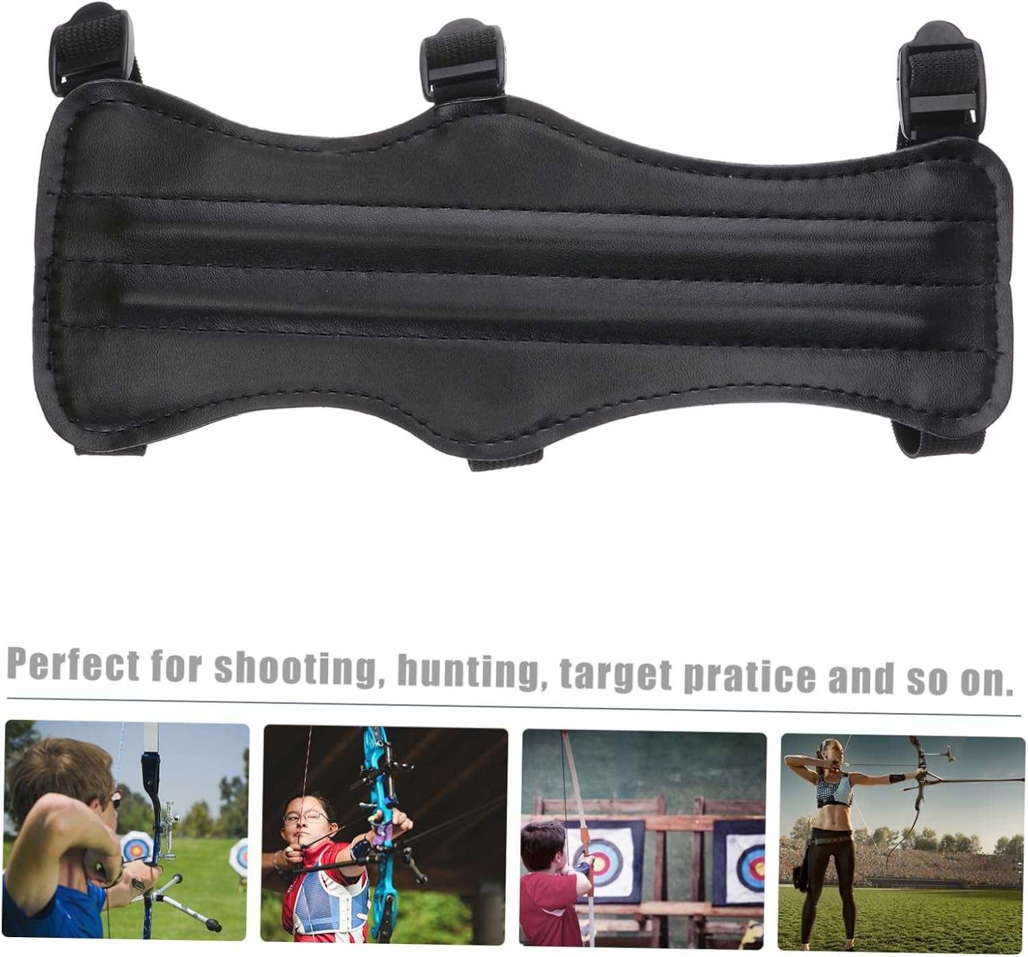 KOMBIUDA Adjustable Pu Leather Archery Arm Guard with Triple Buckle Strap Protective Gear for Hand Shooters Comfortable and Breathable Design for Hunting and Practice Black