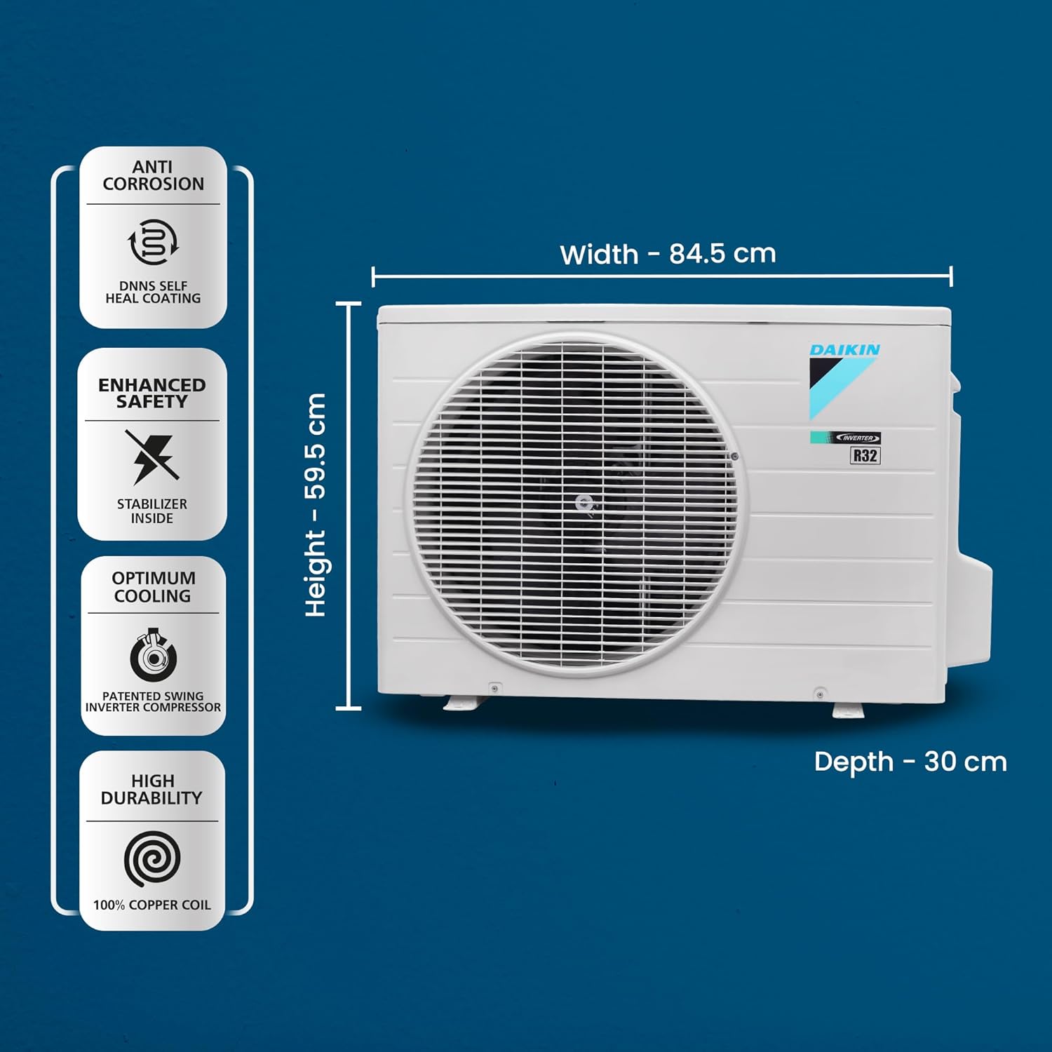 Daikin FTKM50U Outdoor Unit with dimensions: Height 59.5 cm, Width 84.5 cm, Depth 30 cm