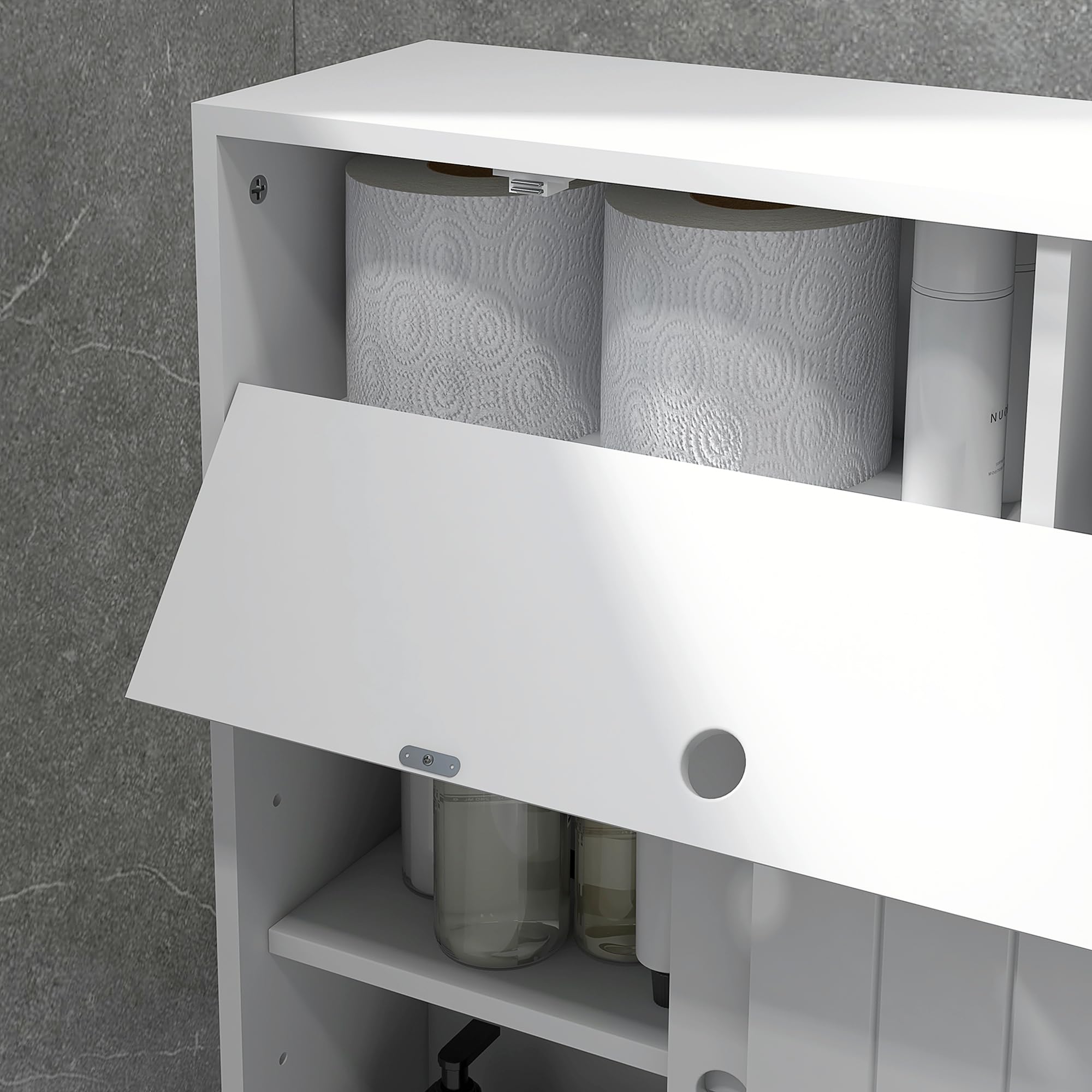 kleankin Mobile Bagno Stretto con Ruote e Ante Scorrevoli, Mobiletto Bagno Salvaspazio con Ripiani Regolabili e 2 Aperture per Carta Igienica, Ideale per Spazi Ridotti, 52x17x67 cm, Bianco