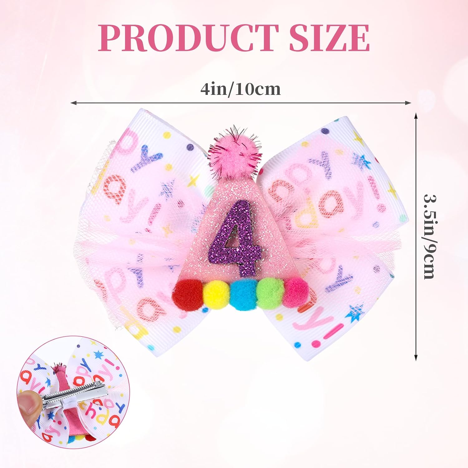 2Pcs Birthday Hair Bow for Baby Girls 1 2 3 4 5 6 Years, Pink Confetti Ice Cream Party Decorations, Sparkling Bows Hair Accessories for 4th Birthday