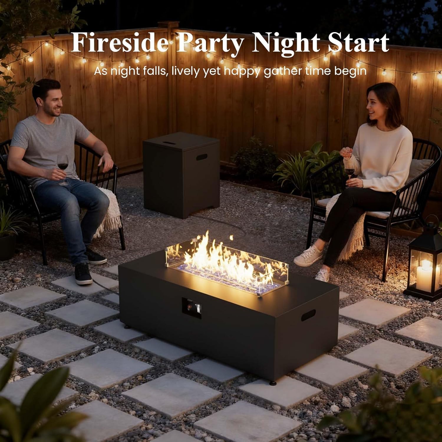 LayinSun 42 Inch Outdoor Fire Pit Table for Outside Patio, 55000BTU Rectangle Propane Firepit with Hidden Fuel Tank, Glass Wind Guard, Waterproof Cover and Lid