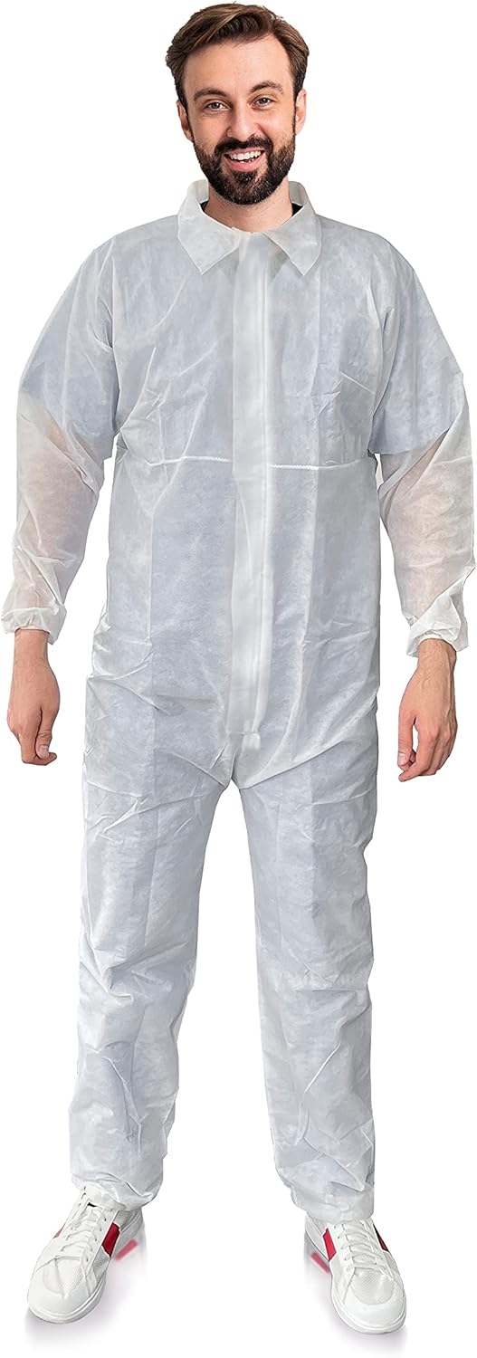 EZGOODZ White Hazmat Suits Disposable, Large. 25 Pack 30 GSM Polypropylene Disposable Coveralls for Men/Women. Breathable Unisex Lab Coveralls Disposable with Front Zipper, Elastic Wrists & Ankles
