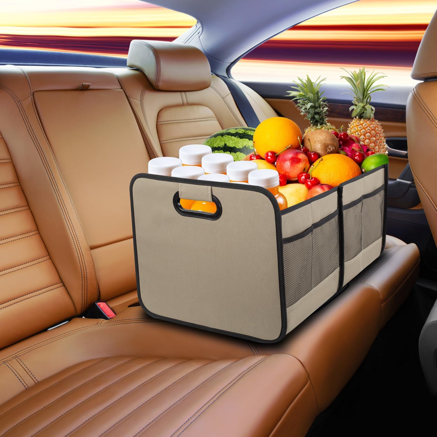 Vogano Car Trunk Organizer for SUV, Collapsible Multi-Compartment Car Organizers Foldable 600D Oxford Polyester (khaki)