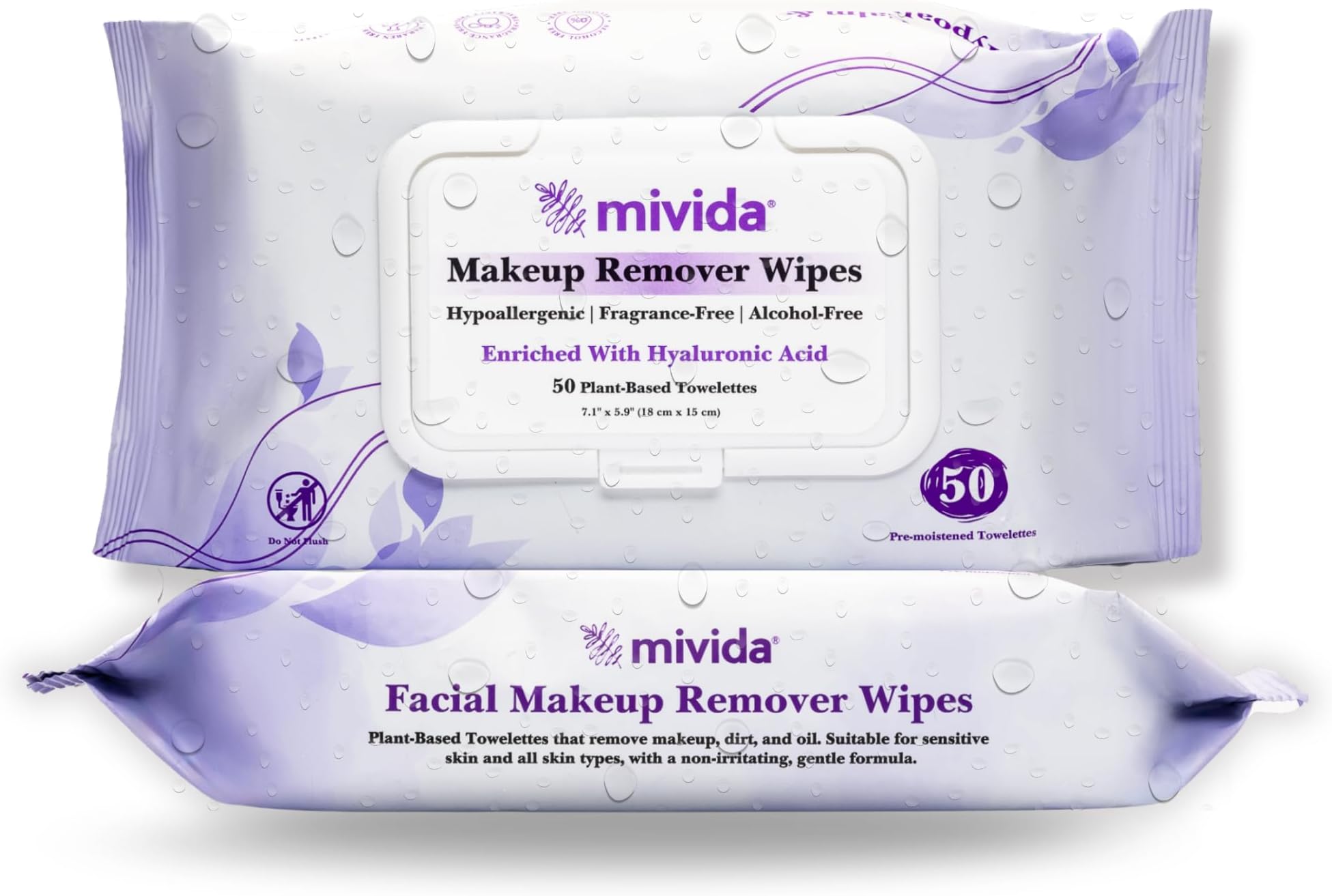 mivida Hypoallergenic Makeup Remover Wipes with Hyaluronic Acid, Dermatologist Tested Fragrance Free Makeup Wipes for Sensitive Skin, Alcohol Free Facial Wipes Make Up Remover Twin Pack 2x50 ct
