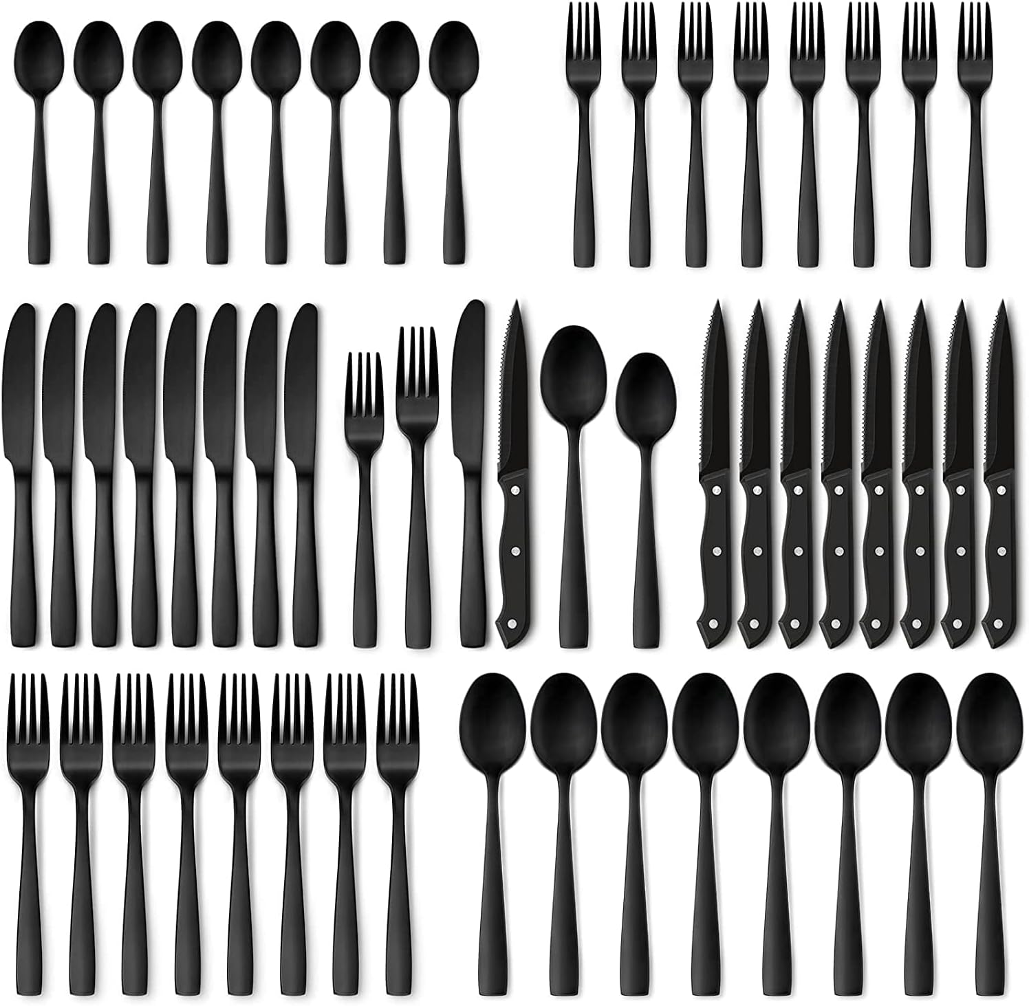48-Piece Matte Black Silverware Set with Steak Knives, Black Flatware Set for 8, Stainless Steel Tableware Cutlery Set, Utensil Sets for Kitchen
