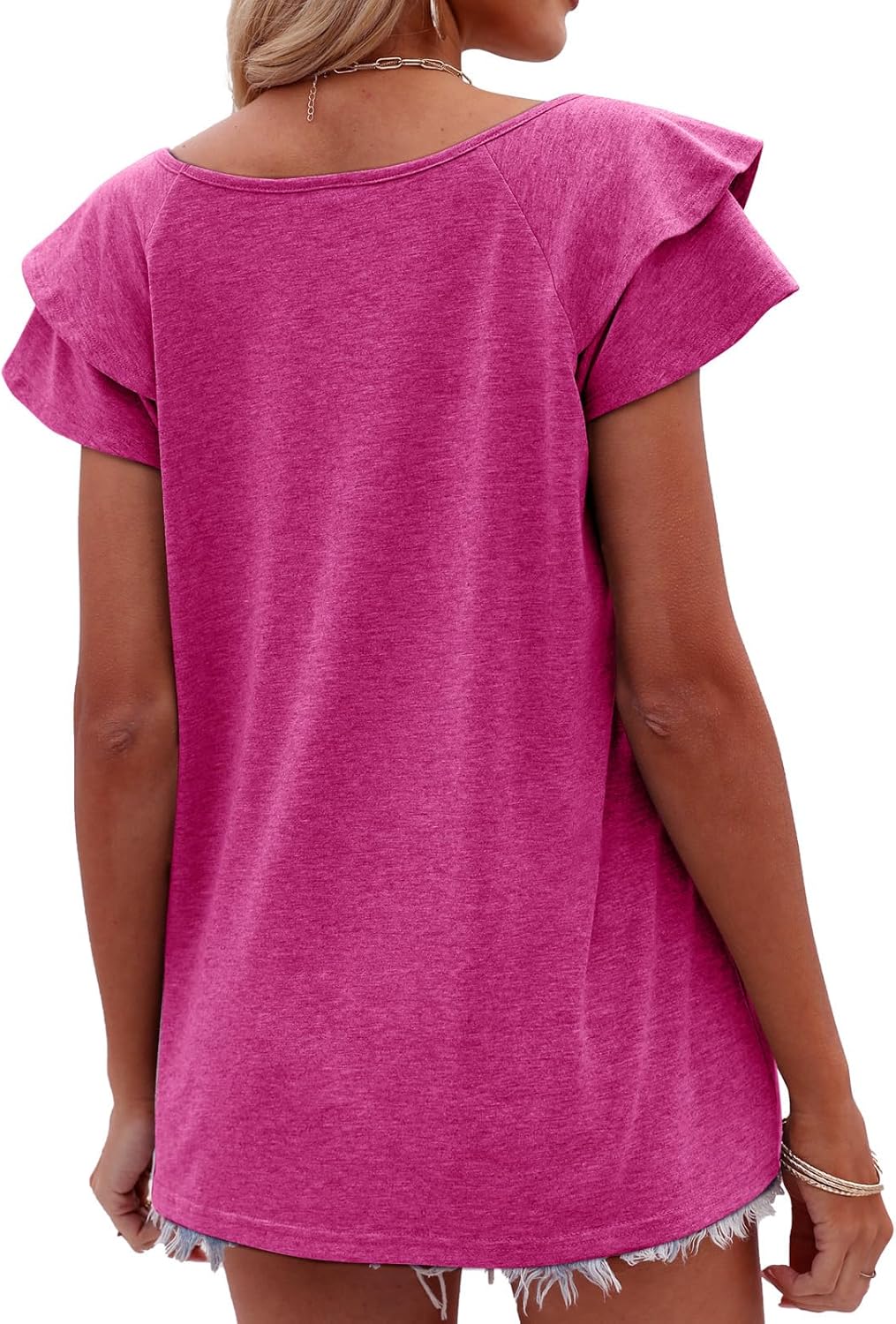 OFEEFAN Womens Summer Tops Ruffle Short Sleeve V Neck T-Shirts Casual Loose Fit - Image 5
