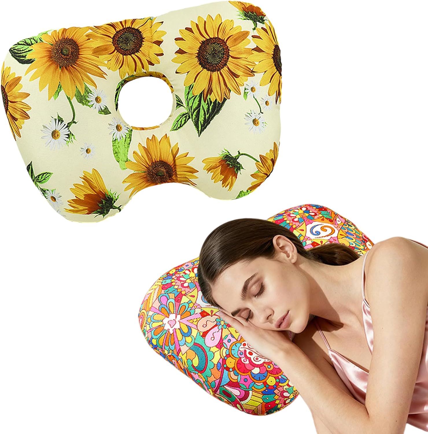 Ear Piercing Pillow with Ear Hole for Side Sleeper Relief Ear Pain,Cotton and Polyester Ear Pillows for CNH and Ear Inflammation Pressure Sores,Washable Ear Guard Pillow(Sunflower)