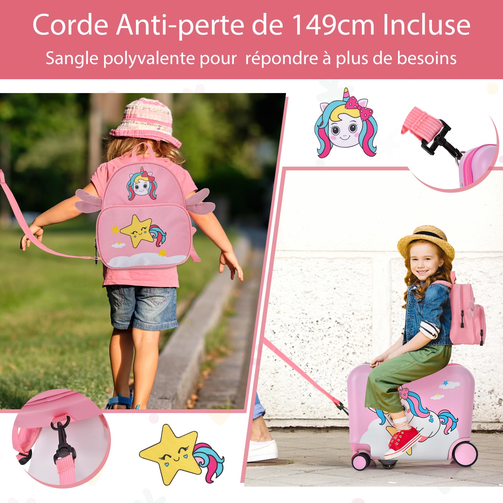 GOPLUS Valise Enfant Fille Garçon, Valise Enfant à roulettes 18" & Sac à Dos 12", Bagage Voyage Enfant d'Assise avec Repose-Pieds, Surface Étanche, Poignée Réglable, Motif Licorne Rose, Charge 50/8KG