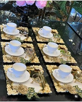 6'Lı Kahve & Çay & Sunum Tepsisi Metal Döküm Gül Model Gold